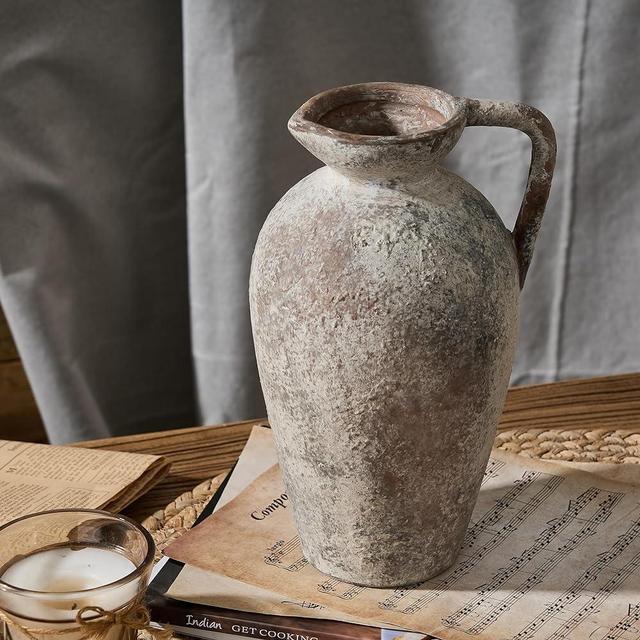 PORCER 9.3 Inch Antique Ceramic Vase, Terracotta Vase with Handle, Boho Decor Farmhouse Decorative Vase, Rustic Vase for Home Decor, Living Room, Entryway, Wedding - Distressed Design, Gray