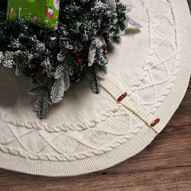 KCFESTIHUE Christmas Tree Skirt, 48 Inch Cable Knit Pattern, Luxury Xmas Holiday Decoration, Thick Rustic Fabric, Home Party Décor White