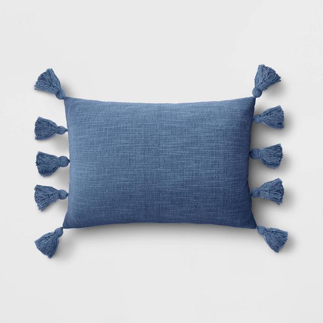 Textured Woven Lumbar Throw Pillow with Tassels Blue - Threshold™