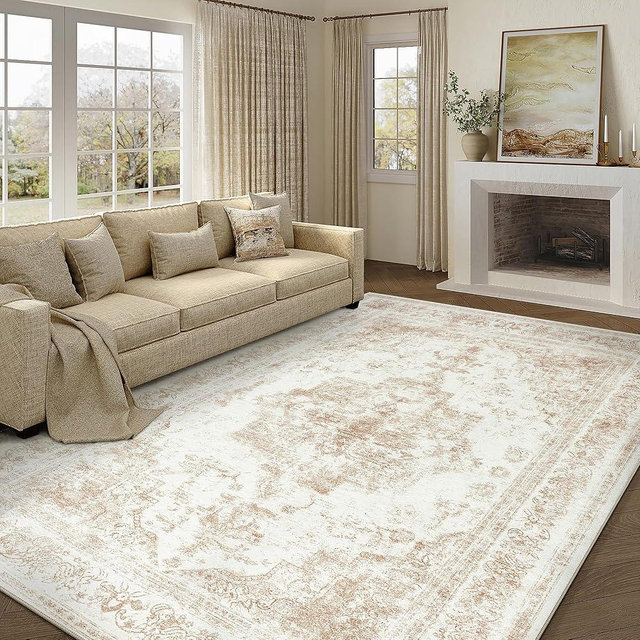 PureCozy Washable Rug 9x12 Area Rug for Living Room Beige Vintage Boho Medallion Large Distressed Retro Carpet Non Slip Indoor Low Pile Small Soft Bedroom Dining Room Home Office