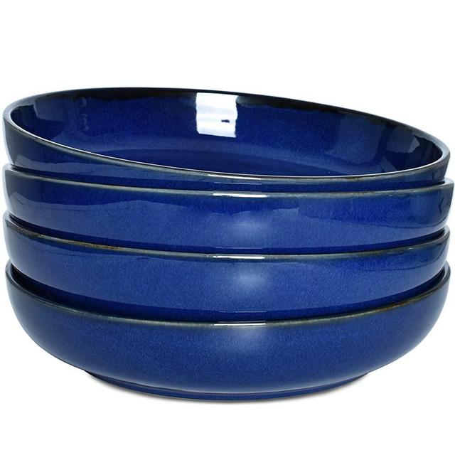 Bosmarlin Stoneware Large Pasta Bowls, 40 Oz, Set of 4 for Serving, Dinner, Big Wide Salad Bowls, Microwave and Dishwasher Safe (Deep Blue, 9.3 in)