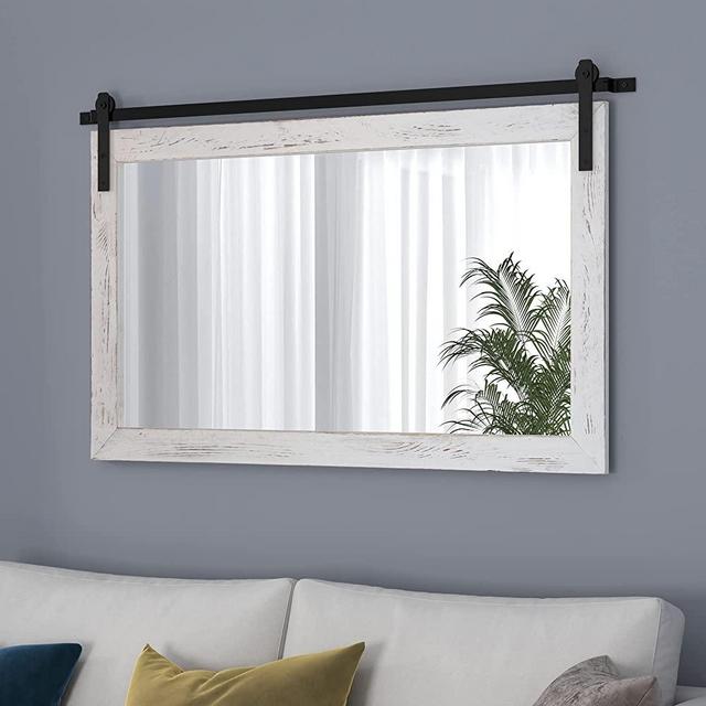 COGOOD Farmhouse Barn Door Mirror - 39.4" X 23.6" Rustic Wood Framed Wall Mirror for Bathroom, Living Room, Bedroom Wall Decor (White)