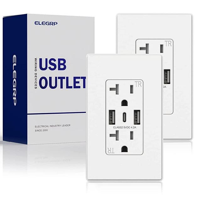 ELEGRP USB Wall Outlet, 3-Port Dual Type C and Type A, 20 Amp USB Outlet Receptacle for iPhone, iPad, Samsung, Google, LG, HTC, Android Devices and More, UL Listed, w/Wall Plate, 2 Pack, White