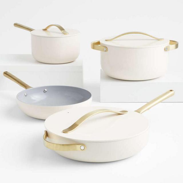Caraway Home Cream 7-Piece Ceramic Non-Stick Cookware Set with Gold Hardware