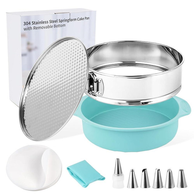 Spmarkt 9inch 304 Stainless Steel Springform Cake Pan with Detachable Bottom, Silicone Cheesecake Pan Protector, Parchment Paper, Decorating Kit Piping Bags and Tips- Ideal for Home Bakers