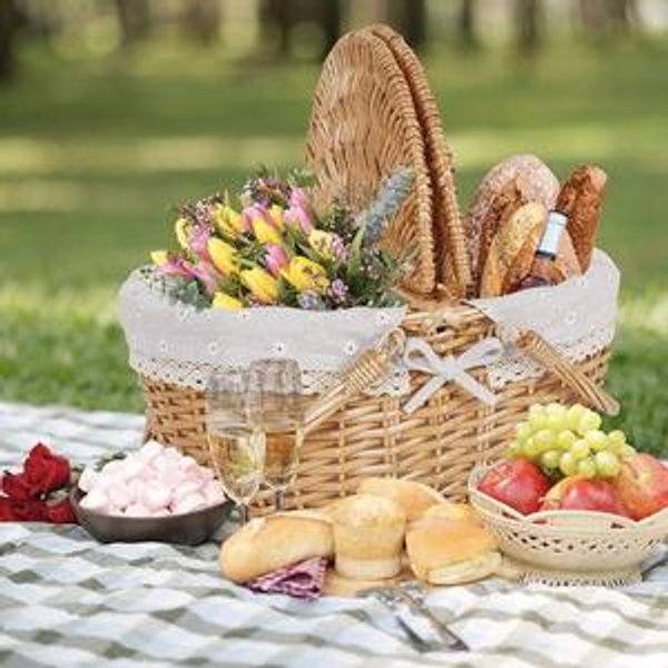 Happypicnic Wicker Picnic Basket with Handle, 15" Large Empty Picnic Basket with Lid & Removable Liner, Vintage Hand Woven Basket for Picnics, Camping, Veg Picking, Mother'S Day, Thanksgiving (Flower)