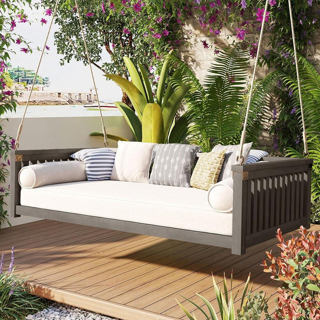Merax Patio Twin Size Garden Swing Bed Wood Porch Swing Loveseat Chair with Ropes for Backyard, Safe Sloped Design