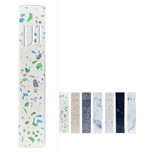 A&S Modern Stone Mezuzah Case Design, Mezuza Cover for Scroll Protection, Easy Peel and Stick Houswarming Gift and Home Blessing (Terrazzo Blue/Green, 6 Inches)