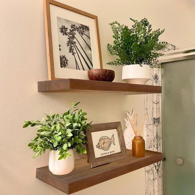 IAE Walnut Floating Wall Shelves 16 inch,Bathroom Shelves Wall Mounted,Invisible Shelves Floating Kitchen Shelves,Wooden Wall Shelves with Brackets for Living Room Wall Mounted,Easy Install,Set of 2