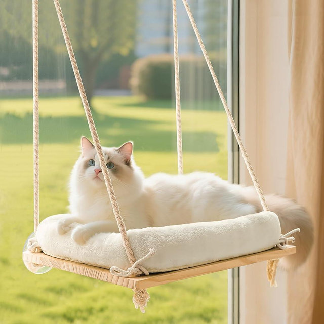 Anywish Cat Window Perch, Rustic Cat Hammock Bed with Solid Wood Seat 4 Heavy Duty Suction Cups, Plush Cushion, Indoor Pet Window Hammock for Cats for Large Cats