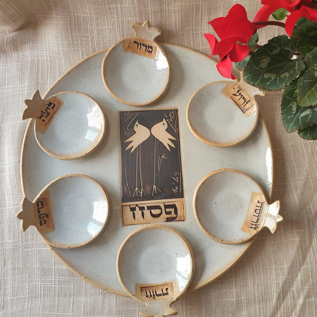 White Ceramic Passover Seder Plate with Pomegreantes Bowls | Unique Passover Gift |