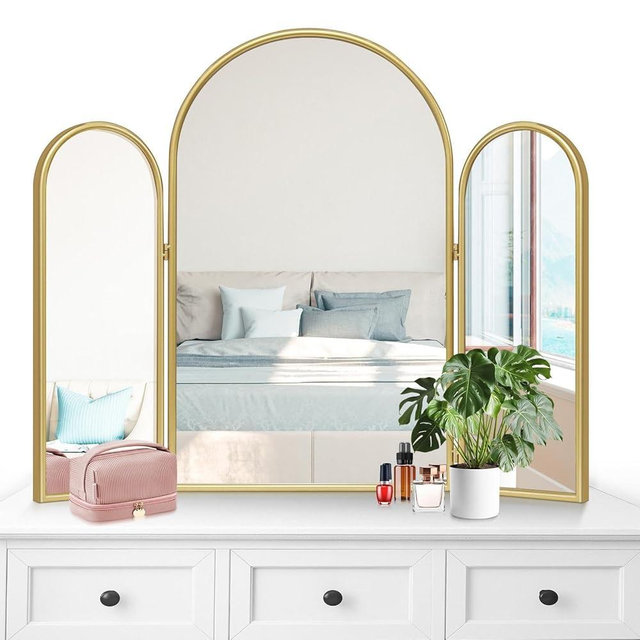 Willannals Tri-Fold Vanity Mirror 3 Way, 37"x30" Gold Arched Vintage Mirror with Metal Frame, Rotation for Bathroom, Bedroom Vanity (Makeup, Hair Braiding), Entryway, Living Room