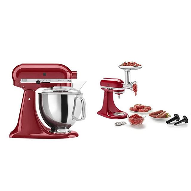 KitchenAid KSM150PSER Artisan Tilt-Head Stand Mixer with Pouring Shield, 5-Quart, Empire Red & KSMMGA Metal Food Grinder Attachment, Silver