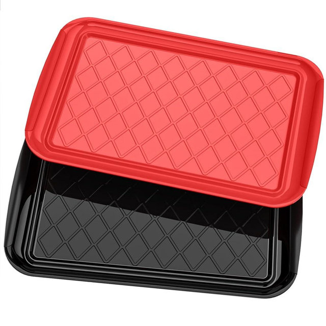 Serving Trays for Party - Set of 2, Large Serving Platters for Raw and Cooked Food, Dishwasher Safe, 17×10.5-inch Stackable Plastic Party Supplies for Grilling, BBQ, Meal Prep (Red, Black)