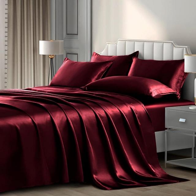 P Pothuiny 6-Piece King Satin Sheets Luxury Silky Burgundy Satin Bedding Sheet Set, 1 Deep Pocket Fitted Sheet + 1 Flat Sheet + 4 Pillow Cases