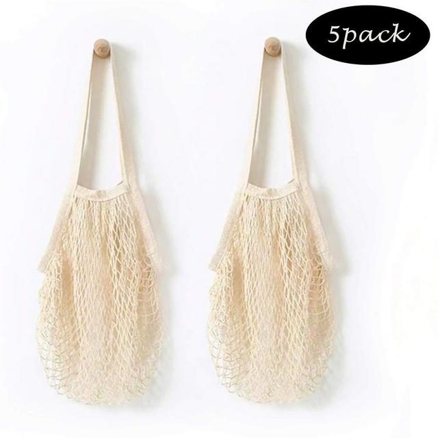 Pack of 5 Portable/Reusable/Washable Cotton Mesh String Organic Organizer Shopping Handbag Long Handle Net Tote (Beige)