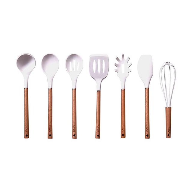 Silicone & Beechwood Kitchen Utensils by CIROA | Set of 7 White & Timber BPA Free Cooking Tools for Nonstick Cookware