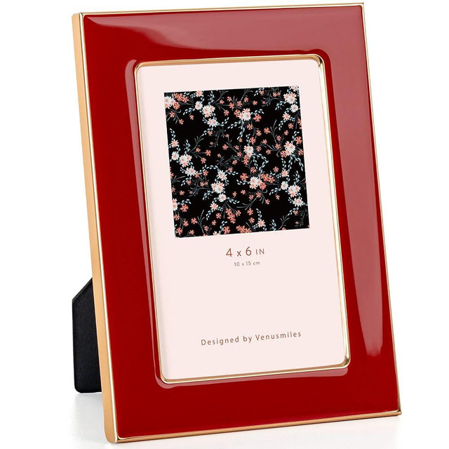 Venusmiles 4x6 Enamel Picture Frame, Gold Metal Edge with Easel, Real Glass Photo Frame for Wall and Tabletop Display Family Office Photo Gallery, Red Enamel/1pc