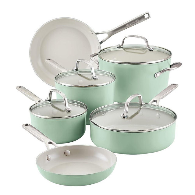 KitchenAid Hard Anodized Ceramic Nonstick Cookware/Pots and Pans Set, 10 Piece - Pistachio