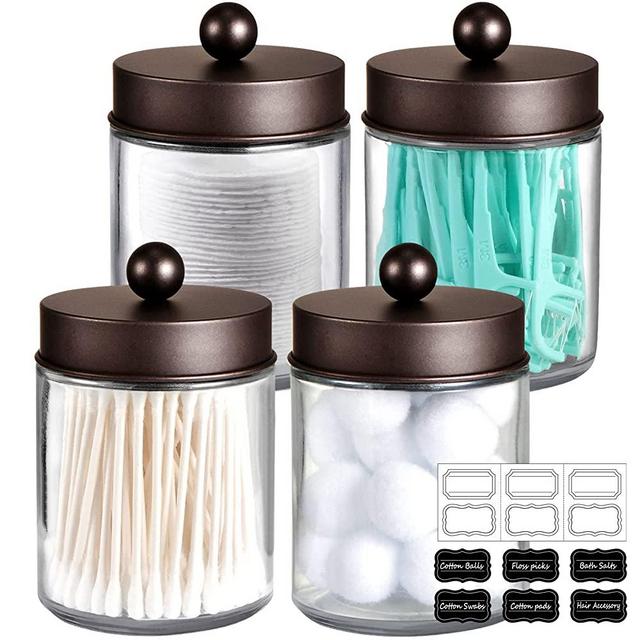 mason jar bathroom apothecary jars - rustproof stainless steel  lid,farmhouse decor,bathroom vanity storage organizer holder glass for  cotton swabs,rounds,ball,flossers,bath salts (bronze, 2-pack) 