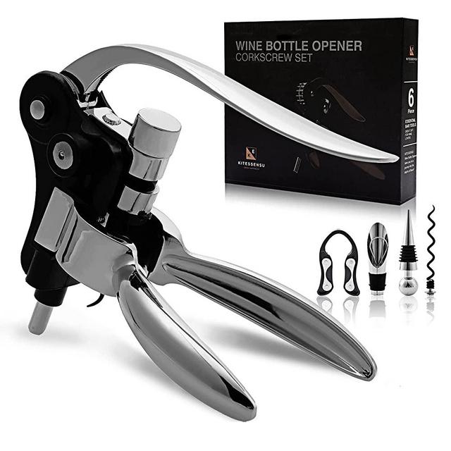KITESSENSU Wine Bottle Opener Set, Corkscrew Kit with Foil Cutter, Wine Aerator, Wine Stopper, Extra Spiral, and Corkscrew Stand, Screwpull Levers, GIFT FOR WINE LOVERS-SILVER