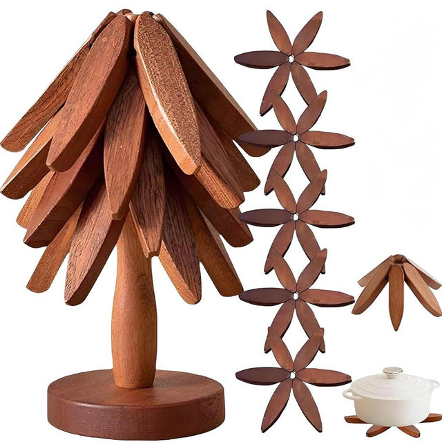 Wooden Tree Trivets for Hot Dishes - Set of 5 with Stand, Natural Foldable Kitchen 1 Stand Like a Christmas Tree Wooden Hot Pads Heat Resistant Trivets for Pots, Pans, Bowls & Teapots (Walnut-5)