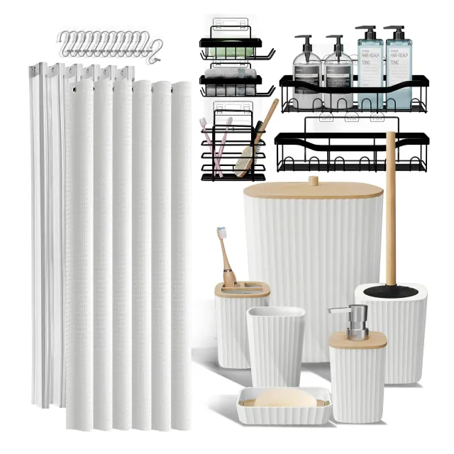 Shower Caddy and Bathroom Accessories Set - 25PC White Bathroom Accessory Set with Black Shower Shelf Caddy Set