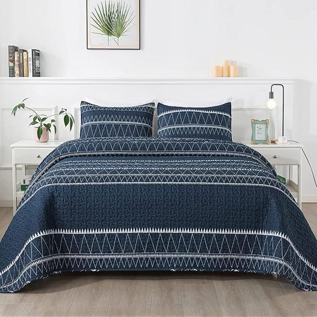 Andency Navy Blue Quilt Set Queen (90x96 Inch), 3 Pieces(1 Striped Triangle Printed Quilt and 2 Pillowcases), Bohemian Summer Lightweight Reversible Microfiber Bedspread Coverlet Sets