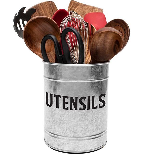 Saratoga Home Farmhouse Kitchen Countertop Utensil Holder Large Counter Utensil Crock with Non-Slip Base and 2 Rustic Font Decal Options Perfect for Spatulas, Spoons, Whisks and Other Large Tools
