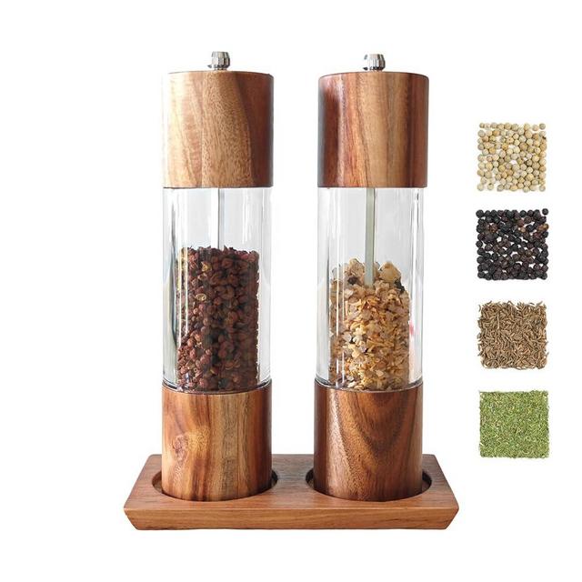 Acrylic Salt and Pepper Grinder Set With Wooden Tray, Manual Salt and Pepper Mills,Wooden Pepper Grinder with Adjustable Ceramic Core,8 Inches,Pack of 2