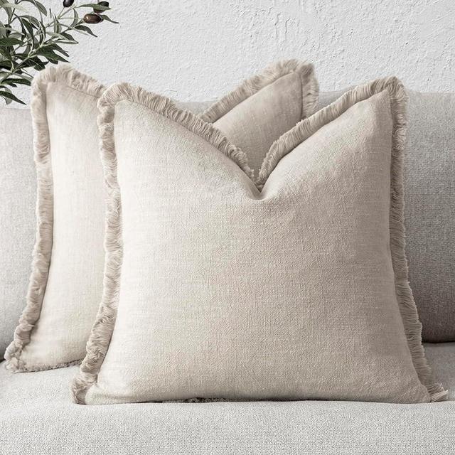 Foindtower Set of 2 Decorative Linen Fringe Throw Pillow Covers Cozy Boho Farmhouse Cushion Cover with Tassels Soft Accent Pillowcase for Couch Sofa Bed Living Room Home Decor, 24×24 Inch, Beige
