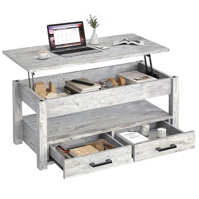 FABATO Lift Top Coffee Table with Hidden Compartment for Living Room, Mid-Century Cocktail Table with 2 Storage Drawers Wood Tea Center Table for Home Office, Gray