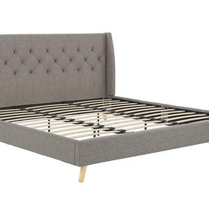 Novogratz Her Majesty Upholstered Linen Bed, Tufted Wingback Design and Wooden Legs, King Size - Grey Linen