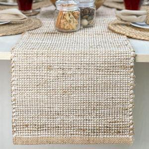 Chardin home Natural Jute Table Runner 13x90 Inch – Vintage Boho Rustic Table Decor – Handwoven Jute Table Runner in Natural and Ivory – Farmhouse Dining or Console Table Accent