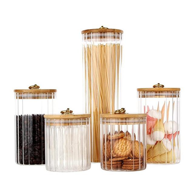 Glass Food Storage Canisters Set, Coffee Tea Sugar Pasta Home Kitchen Airtight Storage Containers Simple Stylish Decorative Jars with Bamboo Lids, Set of 5