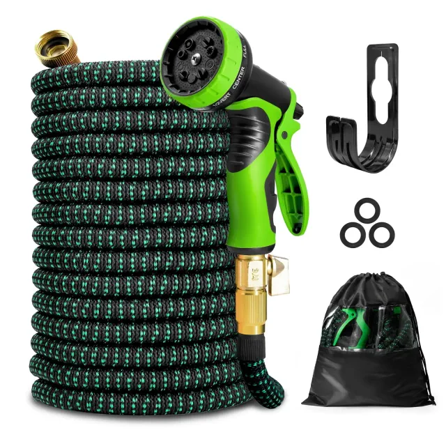KOTTO Expandable Garden Water Hose, 10 Spray Nozzles, Anti-Rust Solid Brass Connector, Lightweight No-Kink Flexible - Green 150ft