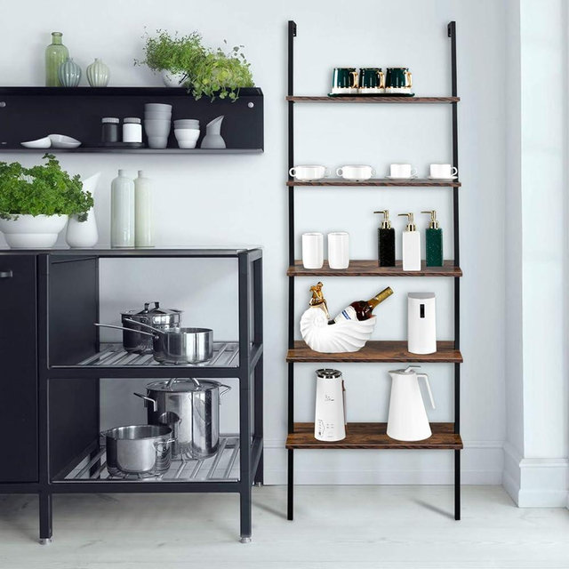 Karl home Ladder Shelf 5 Tier Wall Mounted Bookcase with Metal Frame, Open Design Shelves for Living Room, Bedroom, Home, Office, Rustic Brown (23.6" L x 11.8" W x 70.9" H)
