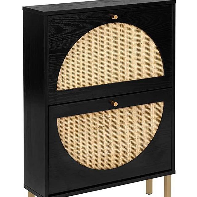 Natural Rattan Shoe Cabinet with 2 Flip Drawers, Black Free Standing Shoe Racks Storage Cabinet with Metal Legs, Shoe Organizers Entrance Hallway Shoe Rack Cabinet for Heels, Boots, Slippers (Black)