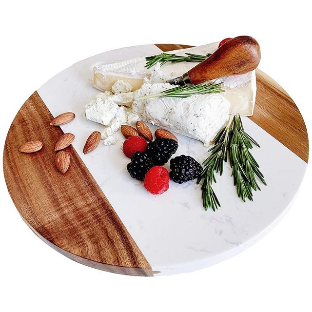 Marble and Wood Cheese Board with Handle 11 inch - Beautifully Handcrafted - Round Charcuterie Board - Cutting Board - Wonderful Housewarming Gift