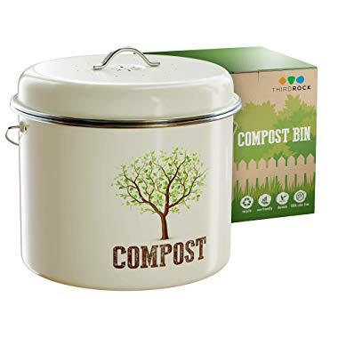 Third Rock Compost Bin for Kitchen Counter - 1.3 GALLON 5 LITER | Premium Dual Layer Powder Coated Carbon Steel Compost Bin Countertop Bucket | Includes Charcoal Filter for Kitchen Compost Bin