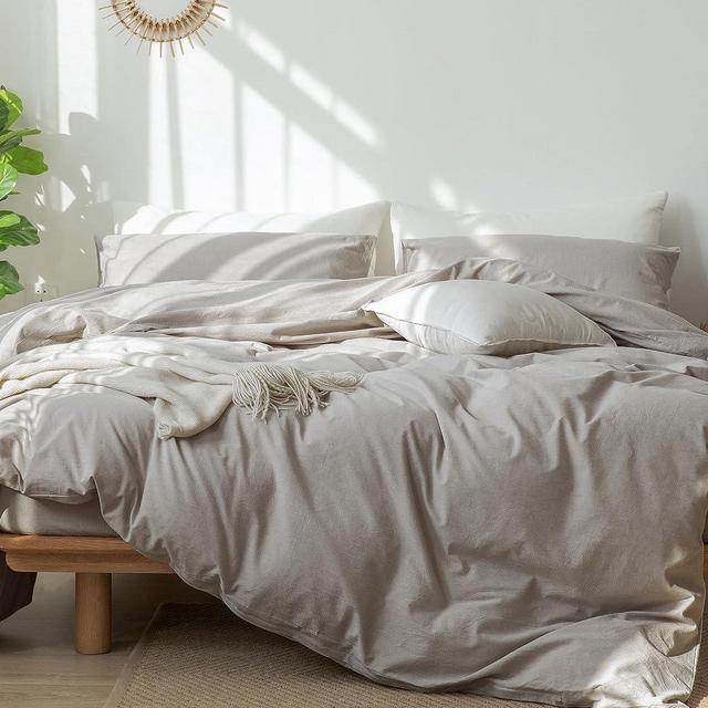 MooMee Bedding Duvet Cover Set 100% Washed Cotton Linen Like Textured Breathable Durable Soft Comfy(Brownish Grey,Oversized King)