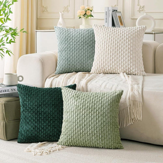 Cozoomy Set of 4 Sage Forest Green Decorative Throw Pillow Covers 18x18 Inch Corduroy Pillow Covers for Bed Couch Sofa Living Room Soft Square Cushion Cases