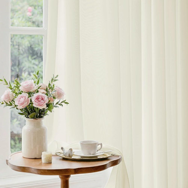 Beauoop Warm Cream Semi Sheer Curtains 63 Inches Long 2 Panels for Living Room Bedroom Faux Silk Light Filtering Non-See-Through Privacy Airy Rod Pocket Voile Window Treatment Drapes, 52x63 Set of 2