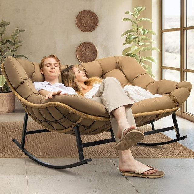 NICESOUL Patio Papasan Rocking Chair for 2, Indoor Outdoor Double Egg Recliner Rocker w/Padded Cushion, Large Wide Oversized 700 Lbs Rattan Lounge Glider for Living Room Balcony Inside Outside, Brown