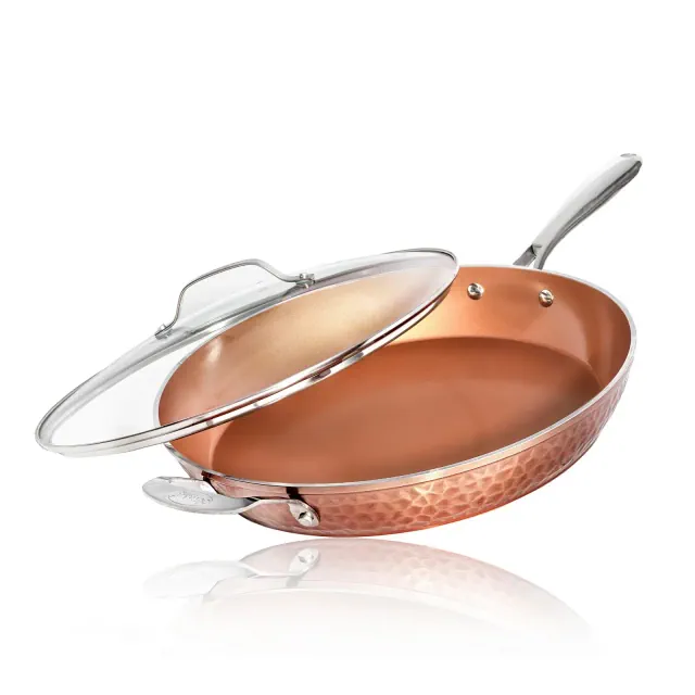 Gotham Steel Hammered 14" Nonstick Family Fry Pan with Helper Handle and Glass Lid