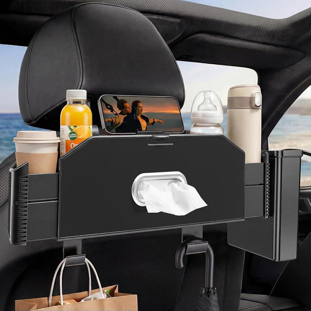 CAFORLANK 5-in-1 Car Back Seat Organizer and Storage with Extendable Cup Holder, Tissue Holder, Phone Holder, Hanging Hooks, Trash Bin, Back of Seat Car Headrest Organization Accessories for Women Man
