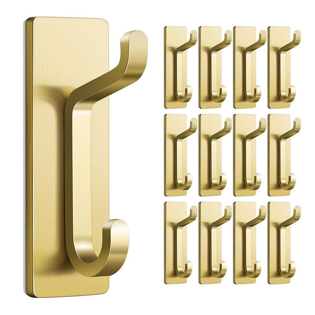 Self Adhesive Wall Hooks for Hanging: Extra Strong 13 LB, Hook for Coat, Towel in Bathrooms, Shower, Kitchen, Wall, Door Hook, Gold 12 Pack