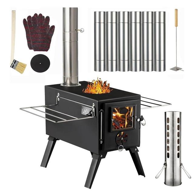 Hot Tent Stove, AVOFOREST Wood Burning Stove, Portable Wood Stove with 6 Stainless Chimney Pipes for Outdoor Heating & Cooking, Ice Fishing, Hunting