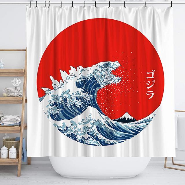 Spanker Space Artistic Ukiyoe Red White Japanese Monster Godzilla Mythical Creature Hokusai The Great Waves Waterproof Fabric Bath Shower Curtain 71x71 inches with Hooks for Bathroom No Liner Needed
