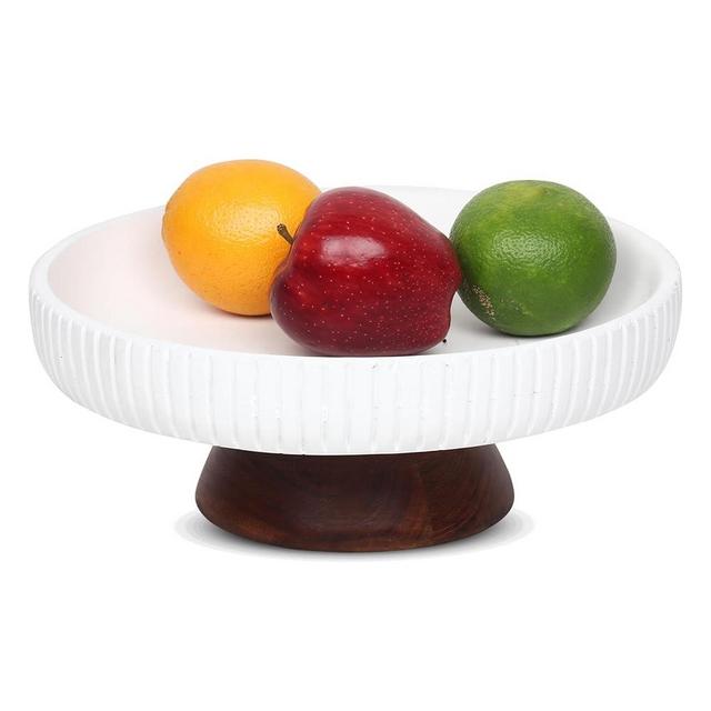 LAVAUK Mango Wood fruit bowl, Decorative white bowl with natural finish pedestal | 12" dia | Dual tone look | Use as Centerpiece for kitchen counter or dining table | Wooden table decor| (white)